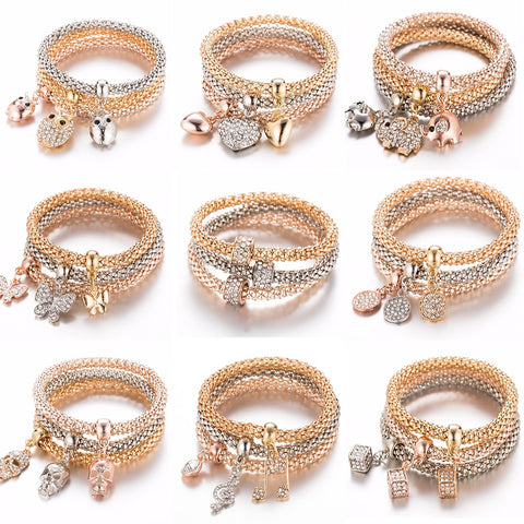 3Pcs/Set Owl Crystal Heart Bracelet & Bracelet Gold/Silverized Elephant Anchor Pendant Female Rhinestone Bracelet gift
